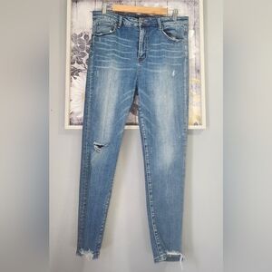 High Rise Blue Denim Jeans with Distressed Details